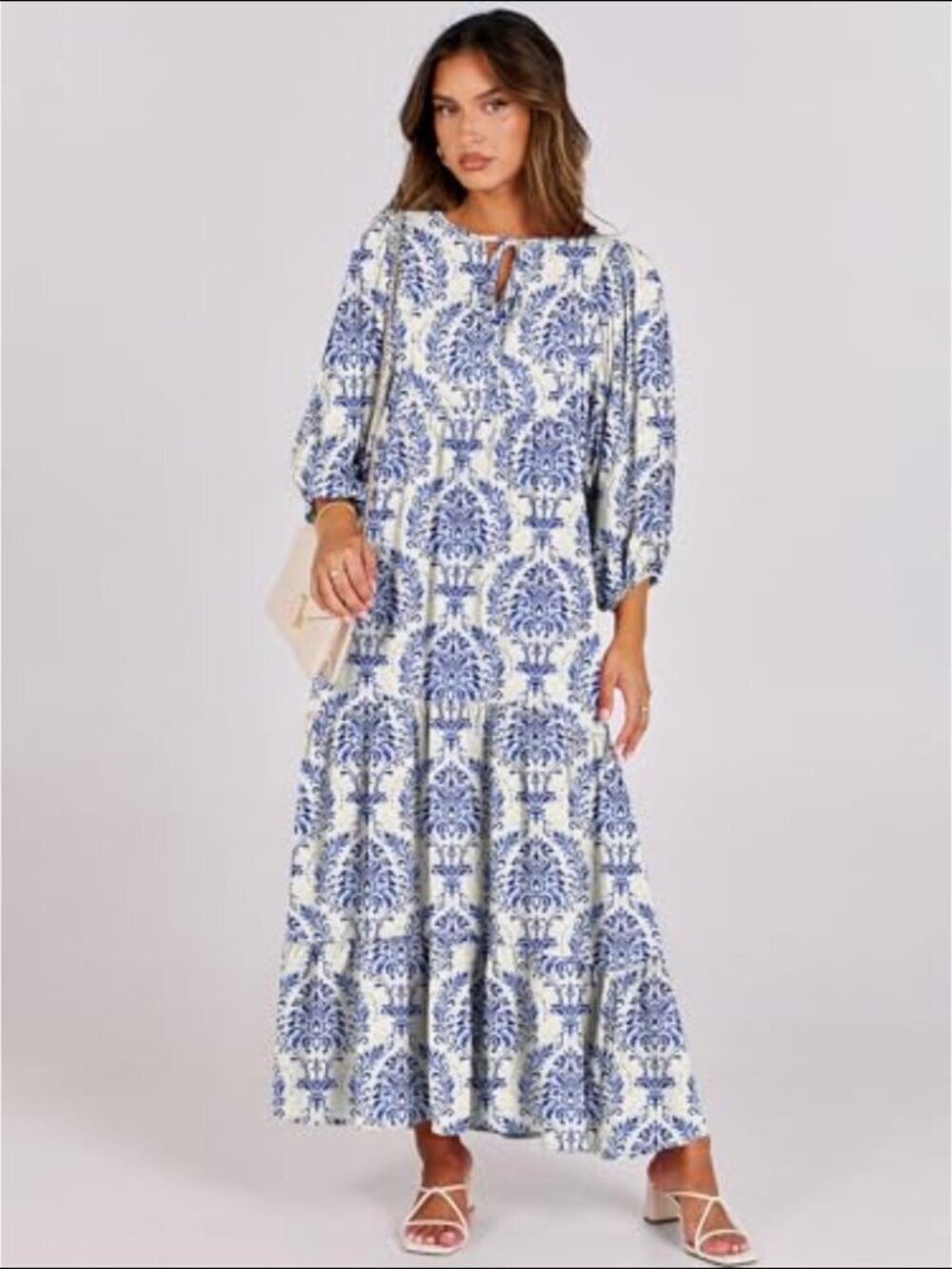 Womens V Neck Floral Maxi Dress Blue Puff Sleeve Empire Waist Boho Coastal Artsy - Picture 5 of 5
